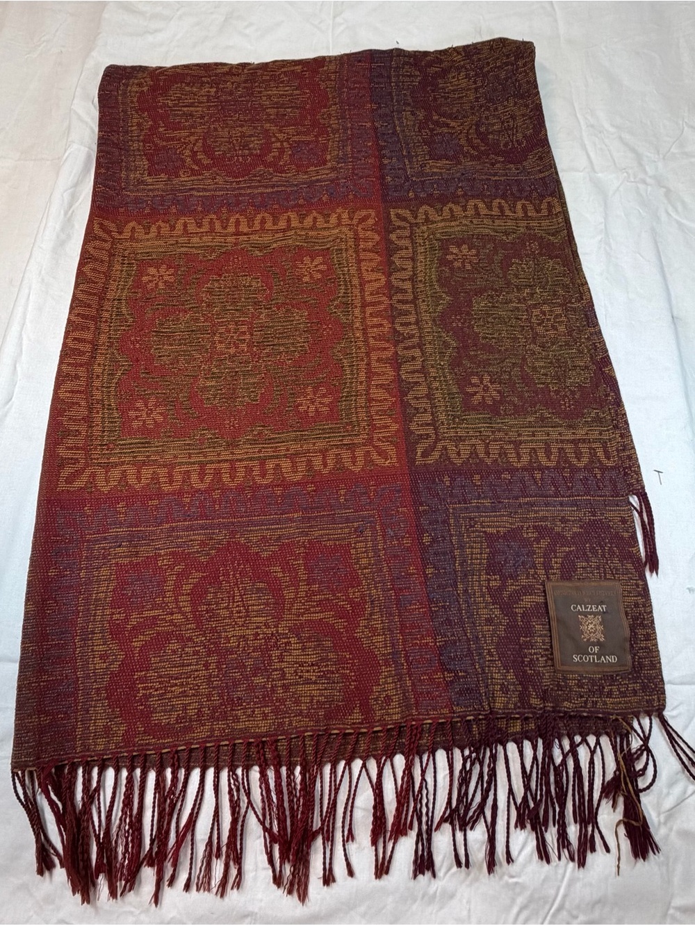 Calzeat of Scotland Red Multicolor Jacquard Fringe Shawl